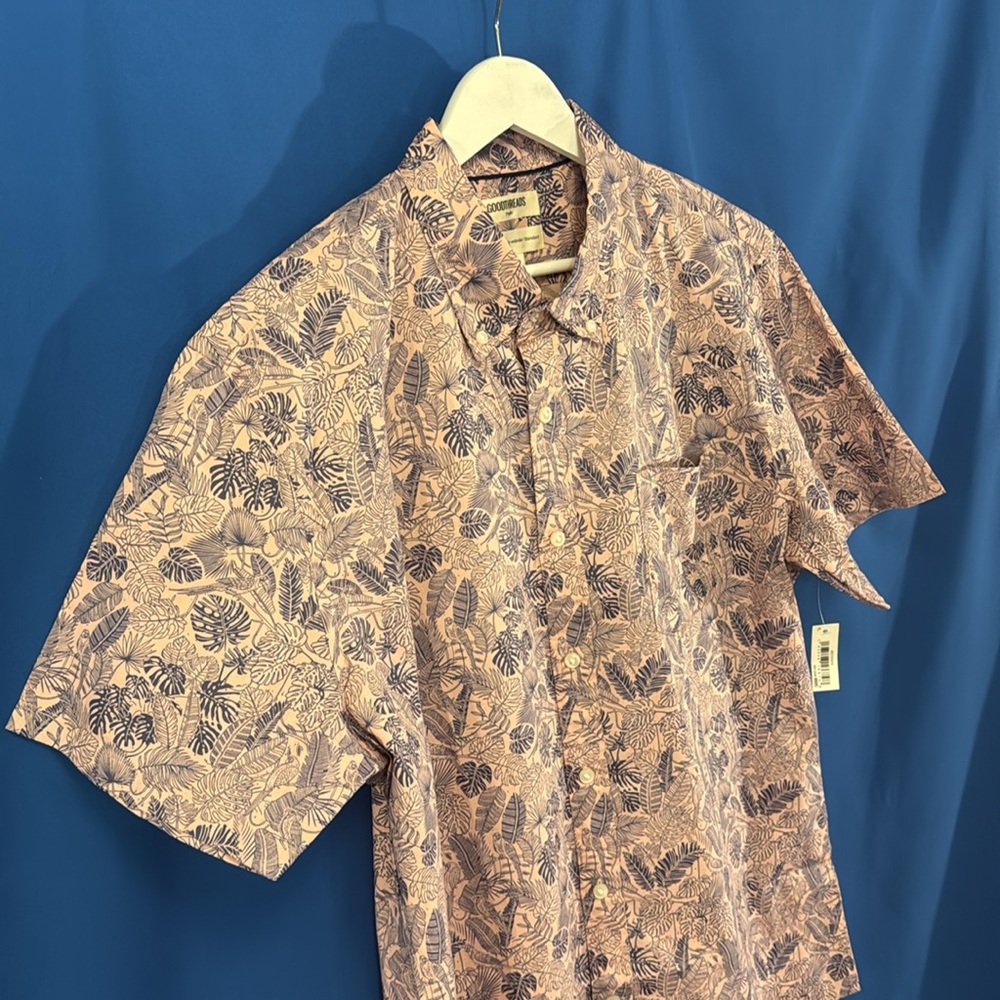 NWT Poplin XL Button Down tropical floral foliage pattern in light pink and blue